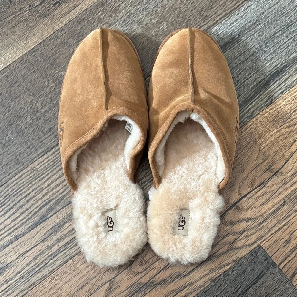 UGG Men's Brown Suede Shearling Lined Scuff Slip-Ons Slipper in Chestnut Size 18 - Picture 3 of 6